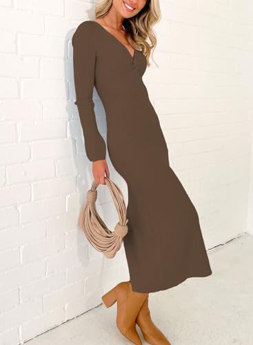 Image of RAISECOM Women Sweater Dress Long Sleeve V Neck Knit Bodycon Midi Dress