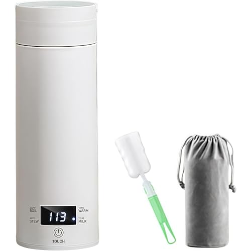 Iuseike 4つの温度設定が可能な車用電気ケトル 車やトラック用のポータブルカーケトル 316ステンレス鋼湯沸かし器 湯沸かしポット 電気ケトル 旅行用加熱マグ 魔法瓶 LCDディスプレイ 加熱式・断熱湯カップ お茶やコーヒーを作るためのミルク 車中泊