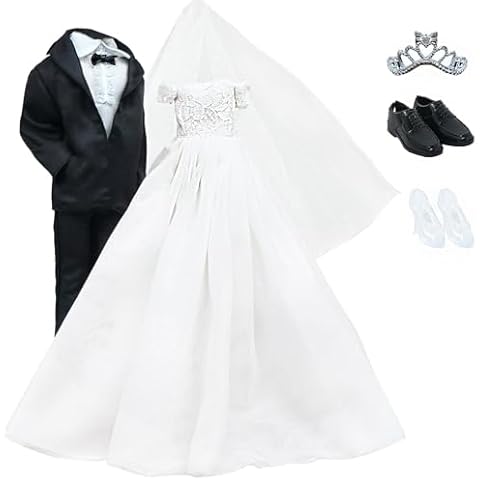 BJDBUS Wedding Set White Dress Bridal Veil and Groom Formal Suit Outfit for Boys Girl 11.5 in. Doll Clothes Cover