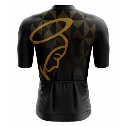 Camisa de Ciclismo Masculina Manga Curta Nossa Senhora Preta e Dourada Proteção UV Slim Confortável