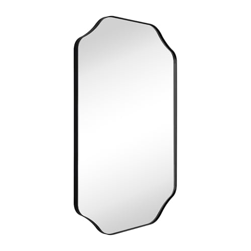 Image of TEHOME 20x30'' Scalloped Black Bathroom Vanity Mirror, Matt Black Rectangle Metal Framed Bathroom Mirror