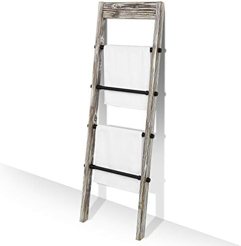 MyGift Solid Torched Wood Wall Leaning Blanket Ladder Quilt Rack, Farmhouse Bathroom Storage Towel Ladder Holder with Industrial Black Metal Pipe Rung