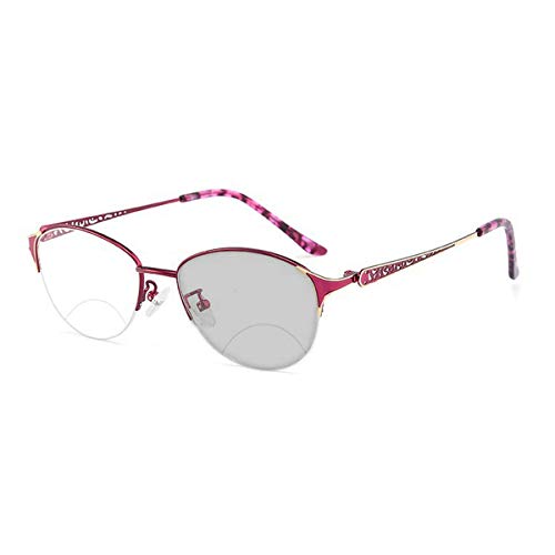 laureles/Photochromic Bifocal Reading Glasses Women's Sun Glasses Fashion Transition Metal Frame Presbyopia Female (Purple, 0.00/+2.50 Magnification)