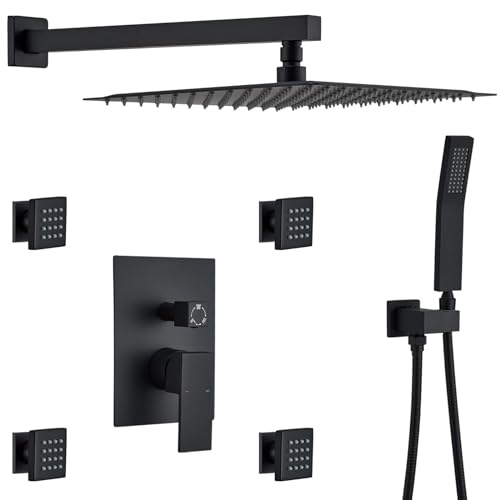 Romcebath Rain Shower System With Complete 4 Pcs Body Sprays Jets And Pressured Balance Rough-in Valve,12Inch Rainfall Shower Head And Handheld, Modern Matte Black Wall Mount Shower Faucets Sets Romcebath Rain Shower System With Complete 4 Pcs Body Sprays Jets And Pressured Balance Rough-in Valve,12Inch Rainfall Shower Head And Handheld, Modern Matte Black Wall Mount Shower Faucets Sets