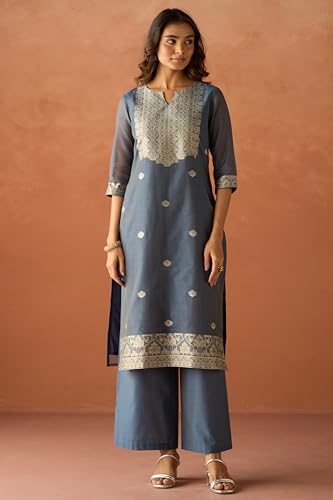 Image of FIORRA Women Cotton Jacquard Woven Kurta Set with Dupatta