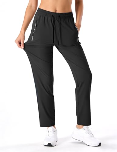Comfys Fit Women Quick Drying Pants with Drawstring & Pocket Ultra Stretch Ice Silk Stretch Active Pants for Women Over 50(Black Straight 2XL)