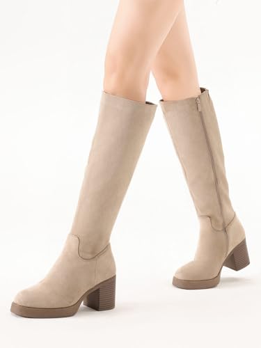 Image of Shoe'N Tale Platform Knee High Boots for Women Block Chunky Heel Round Toe Side Zipper Tall Boots