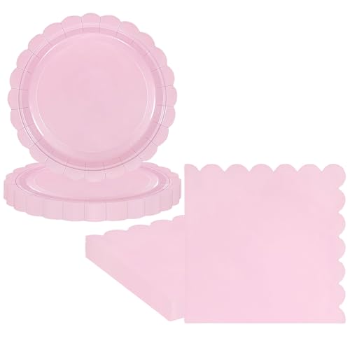 50Pcs Pink Paper Plates and Napkins Party Tableware Set Pink Scalloped Birthday Paper Dessert Cake Plates Serviettes Disposable Tableware Set for Her Him Girls Women Baby Shower Table Decorations