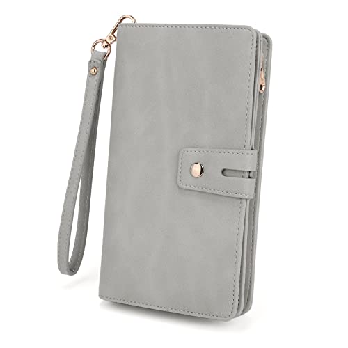 UTO Wristlet Wallet for Women Detachable Checkbook Holder Card Bill Phone Organizer Large Clutch Purse, 1085 Grey, Large, Modern