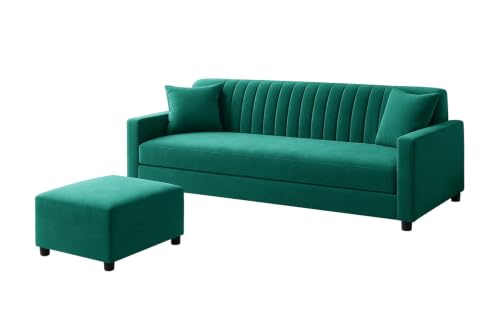 Image of 3-Seater Wooden Sofa Set with Ottoman, Soft Velvet Fabric, Comfortable Couch for Living Room, Office & Apartment - Green Color