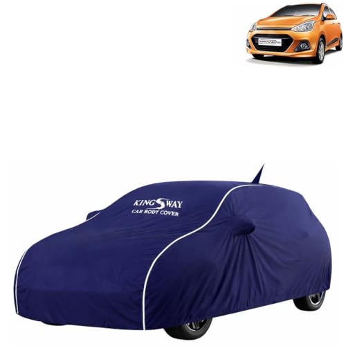 Image of KINGSWAY Super Waterproof Car Cover Only with Hyundai Grand I10 (Year 2013 to 2017 - All Model) | Mirror and Antenna Pockets | All Weather Car Body Cover with Silver Piping | Blue