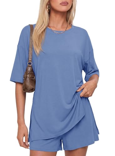 Image of Darong Women's 2 Piece Shorts Set Loungewear | oversized tshirts,crew neck top,drawstring shorts,elastic waist, side pockets,summer travel outfits
