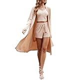 CROSTRITON Womens Pajama Set 3 Piece Lounge Sets Ribbed Knit Cami Top and Shorts with Robe Cardigan Khaki