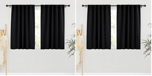 Image of RYB HOME Short Bedroom Blackout Curtains - Small Window Treatment Set Energy Saving Thermal Insulated Drapes for Living Room /Nursery /Kitchen, 42-inch Wide x 45-inch Long, Black, 2 Panels (Pack of 2)