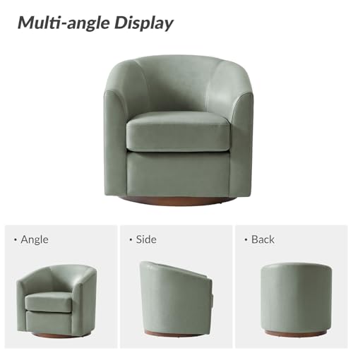 Image of HULALA HOME Genuine Leather Swivel Barrel Chairs Set of 2, Round Swivel Accent Chairs with Solid Wood Base, Leather Barrel Accent Chair for Living Room, No Assembly Required, Sage