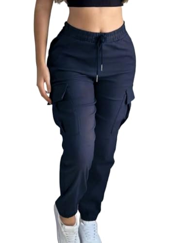 Women's Wide Leg Casual Pants Pocketed Elastic Waist Drawstring Loose Cargo Pants