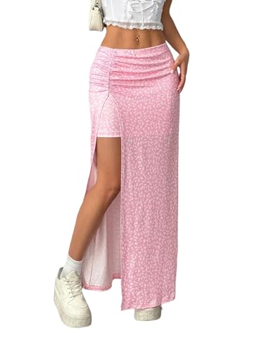 EARKOHA 2025 Skirts for Women Women's Ditsy Floral Full-Print Slit Skirt, Casual Holiday Wear Dark Pink XS