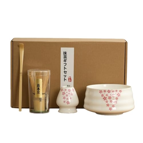 YAKINO百本立 茶筅立て 茶杓 茶さじ 抹茶碗 茶道具 4点セット 茶せん 曲直し 休め 抹茶点て お点前 初心者さん向け 茶道 (F) (サクラホワイト)