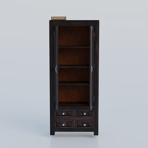 Image of Wood Book Shelf with Glass Door, Wooden Bookshelf for Home Library, Kitchen Crockery Cabinet, Study Room Furniture, Books Rack, Book Stand, BookCases, Bookshelves (Walnut Finish)