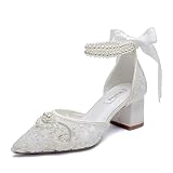 Lace Pearl Wedding Shoes for Bride Block Heel Bridal Shoes Closed Toe Wedding Heels-White 1-10