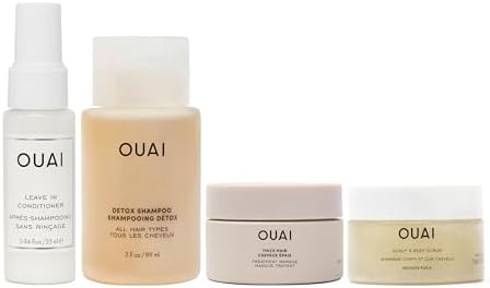 OUAI Travel Kit - Includes Travel Size Leave In Conditioner, Detox Shampoo, Thick Hair Mask, Scalp & Body Scrub (4 Count)