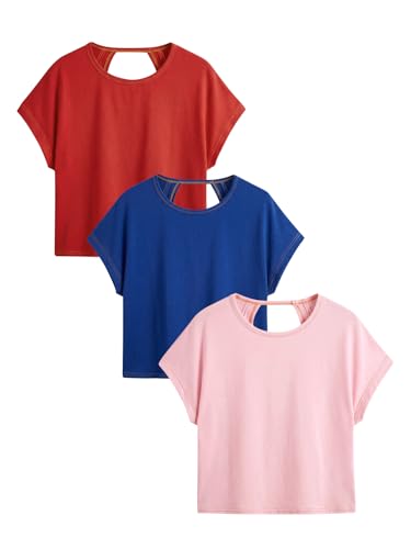 Image of RoseSeek Women's 3 Packs Open Back Tops T Shirt Criss Cross Cut Out Tee Short Sleeve Crewneck Summer Backless Tops