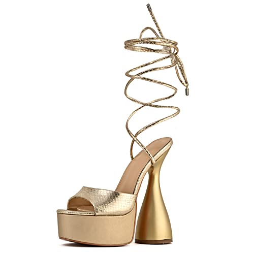 Women Sexy Platform Spike Heel Round Toe Lace Up heels Chunky Block Heel Heeled Dress Sandals