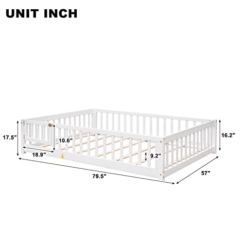 Full Size Floor Bed For Kids, Montessori Bed Frame With Fence-Shaped Guardrails, Support Slats And Door, Wood Full Size Floor Bed With Rails For Kids,Boys & Girls, No Box Spring Needed (White, Full) #TOP1