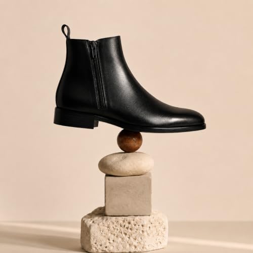 Image of Black Chelsea Boots for Men | Premium Leather Finish Ankle Boots with Side Zip & Elastic | Men's Formal Shoes, Casual Boots, Office Wear Stylish High Ankle Boot Shoes