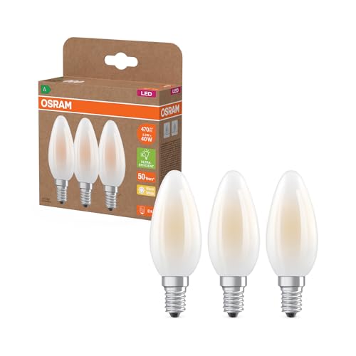 OSRAM - OSRAM Lampes LED haute efficacité avec classe énergétique A, pack avantage de 3 lampes, remplace les ampoules 40W classiques, forme de bougie, blanc chaud (2700K), E14, verre mat - -6%