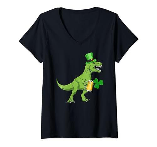 Femme Dinosaur Tyrannosaurus Beer rex T rex Funny St Patrick's Day T-Shirt avec Col en V