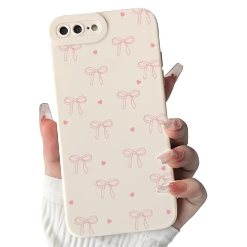 NITITOP Compatible with iPhone 7 Plus / 8 Plus Case Cute Bow Ribbon Love Heart Pattern Aesthetic Bowknot Design for Women Girls Color Back Soft TPU Shockproof More Protective Cover - Pink