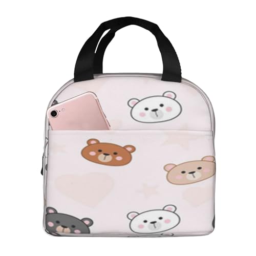 断熱ランチバッグ、大容量、防水、熱漏れ防止、スタイリッシュで丈夫、仕事、学校、アウトドア活動に便利、男女兼用(ピンクと黒の漫画キャラクターに茶色の動物の赤ちゃんクマの柄)