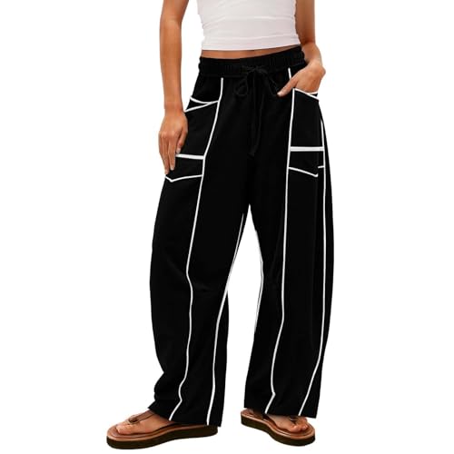 Womens Baggy Barrel Pants Drawstring Elastic High Waisted Wide Leg Sweatpants Dupe Patchwork Gym Yoga Jogger