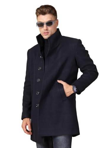 Image of CHKOKKO Men Stylish Long Winter Coat Single Breasted Thigh Length Overcoat with Elegant Spread Collar & Practical Front Side Pockets for Formal or Semi-Formal Occasions