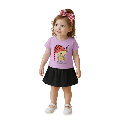 Image of Kidbea Baby Girl Bear Printed Cotton Top with Skirt Set | Comfortable, Stylish or Casual Outfit for Kids (Purple, 6-12 Months)