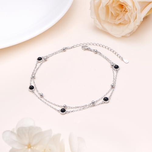 Image of Flyow Anklet for Women S925 Sterling Silver Adjustable Foot Beaded Heart Charm Ankle Bracelet Anklets Jewelry