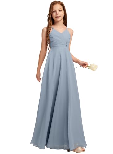 Junior Bridesmaid Dress for Teen Girls, Flower Girl Dresses A-line V-Neck Floor-Length Chiffon