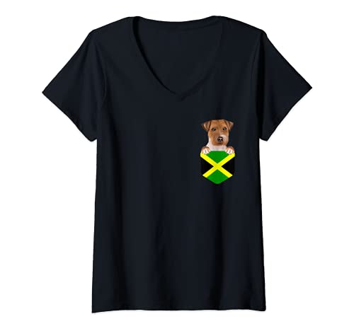 Womens Jamaica Flag Russell Terrier Dog In Pocket V-Neck T-Shirt, Black