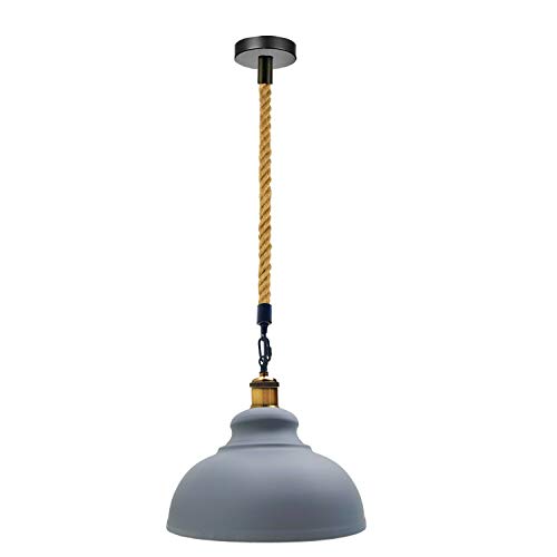 Image of Grey Pendant Ceiling Lights, Kitchen Island Lights with 29cm Metal Lamp Shade, E27 Vintage Pendant Light Fitting, Adjustable Hemp Rope Height Hanging Ceiling Light for Bedroom Hallway Living Room