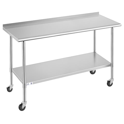 Image of Stainless Steel Table for Prep & Work with Caster & Backsplash 24x72 Inches, NSF Metal Commercial Kitchen Heavy Duty Table with Adjustable Under Shelf and Table Foot for Restaurant, Home and Hotel