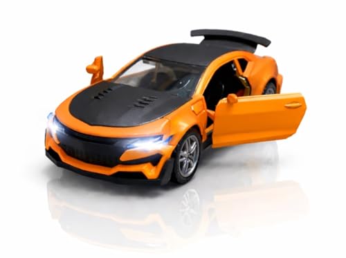 Image of 1:36 Scale Chevrolet Camaro Toy Car - Die-Cast Metal Pull Back Vehicle with Openable Doors, Lights & Music - Sports Model for Kids, Boys & Collectors (Orange)