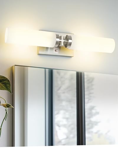 Image of Emak Brushed Nickel Vanity Light, 21 Inch Cylinder Bathroom Lighting Fixtures Over Mirror, Modern 2-Light Wall Sconce with Milk Glass Shade, VL086-BN-ML-2