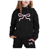 Generisch Children's Tracksuit, Jogging Suit, Girls' Set, Sports Suit, Children's Hoodie Set with Bow Print, black, 12-13 Jahre