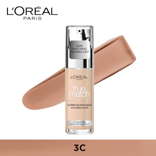 Fond de teint liquide L'Oréal Paris True Match, soin de la peau infusé à l'acide hyaluronique, SPF 17, disponible en 40 teintes, nuance froide 3,R/3,C, 30 ml (Lot de 2)