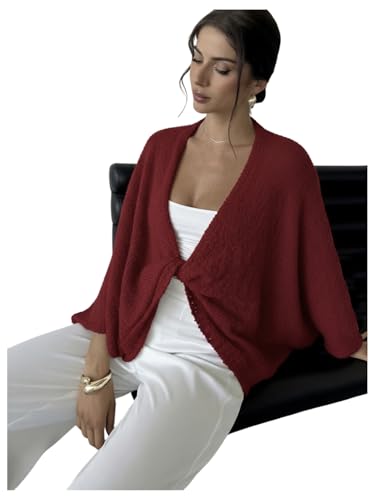 Image of GORGLITTER Women's Wrap Sweater Bat Wing Cropped Poncho Knit Tops | Oversized Cozy Pullover Sweaters, Lightweight, Asymmetrical 3 /4 Sleeve V Neck Tops, Fall Clothes 2026