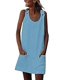 Damen Sommer Kleider Rundhals A-Linien Kleid Casual Strand Minikleid Einfarbig Baumwolle Leinen Strandkleid A Blau DE 42