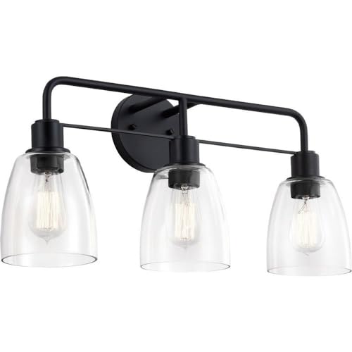 Image of Kichler Meller 3-Light Vanity Light, Black | Vanity light with clear glass for bathroom mirrors and vanities (24 inch x 11.25 inch), 55102BK