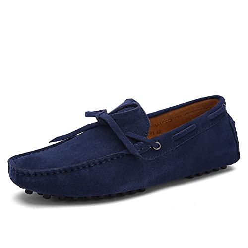 Loafers for Men Boat Shoes Genuine Leather Stitching Details Round Toe Suede Vamp Lightweight Anti-Slip Flexible Classic Casual Slip-ons(Deep Blue,10 M US)