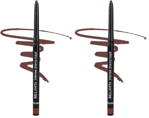 Image of BELLAVITA Intense Drama Kajal Brown Waterproof Smudge Proof | Long Lasting, Enriched with Vitamin E & Almond Oil | Pencil Glossy | Kajal for women| 0.3 g (Pack of 2)